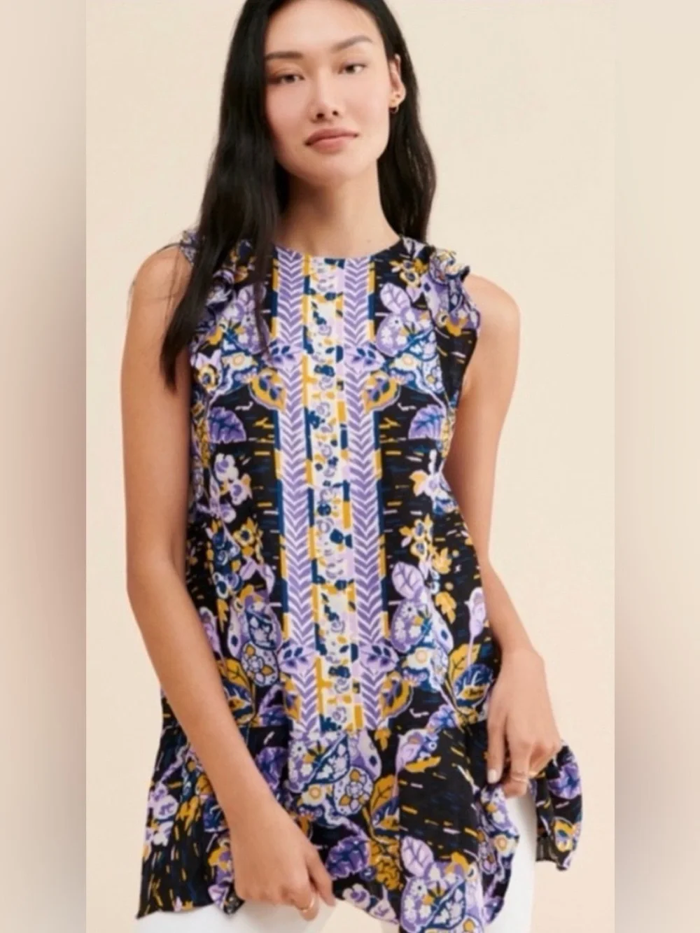Free People $108 NWT P2P17-18” L28” Dark Combo Linen-Blend Tunic Top Tie Neck